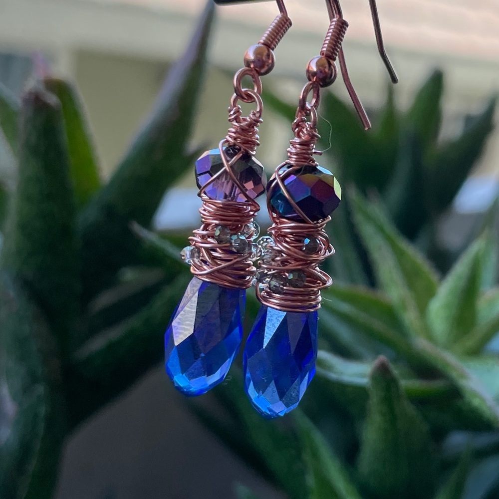 Blue Austrian Crystal Hammered Copper Chaos Wrapped Earrings Artisan Designed - Picture 10 of 17